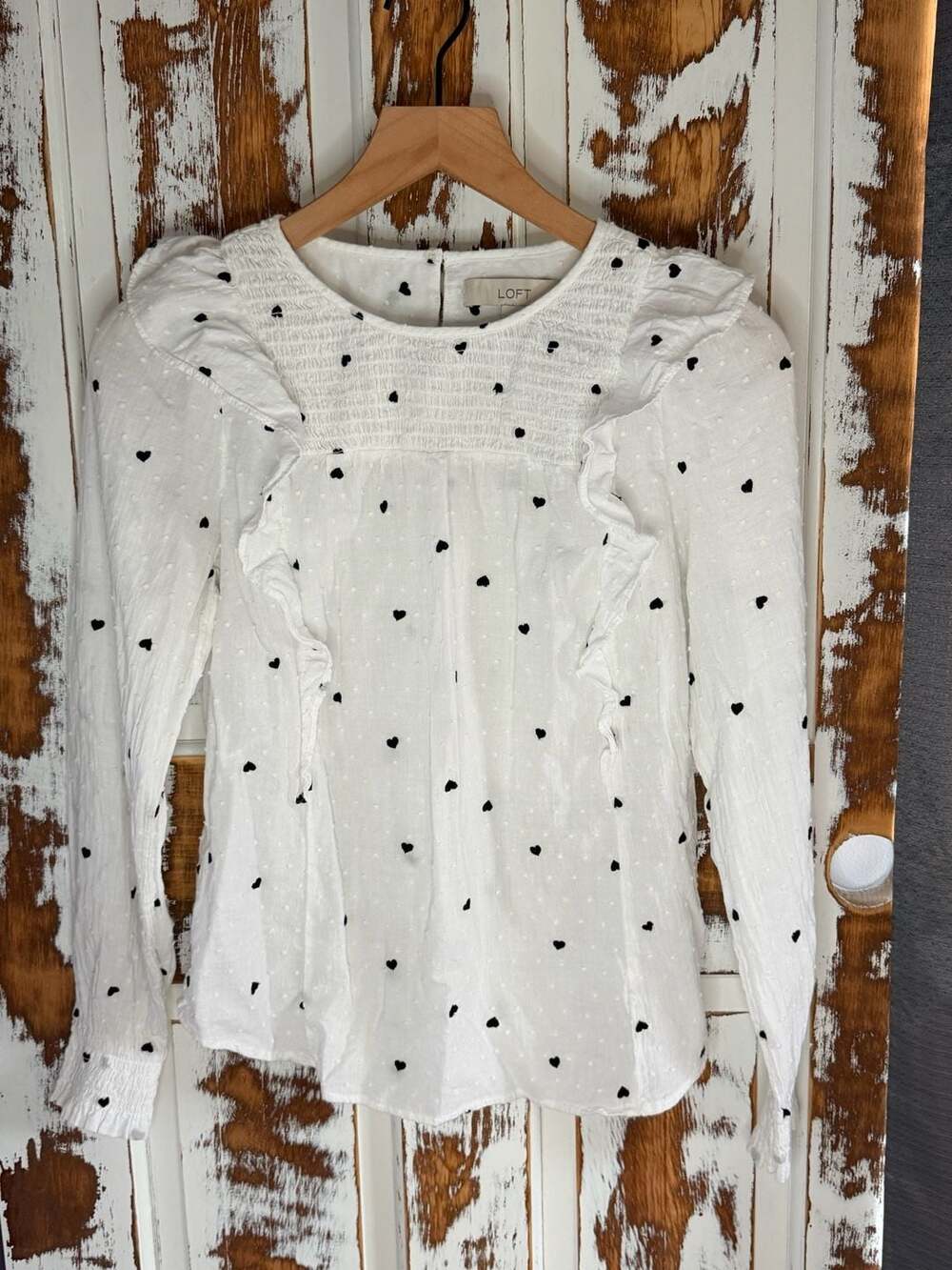 LOFT Long Sleeve Blouse Size XS White with Black Embroidered Hearts Coquette
